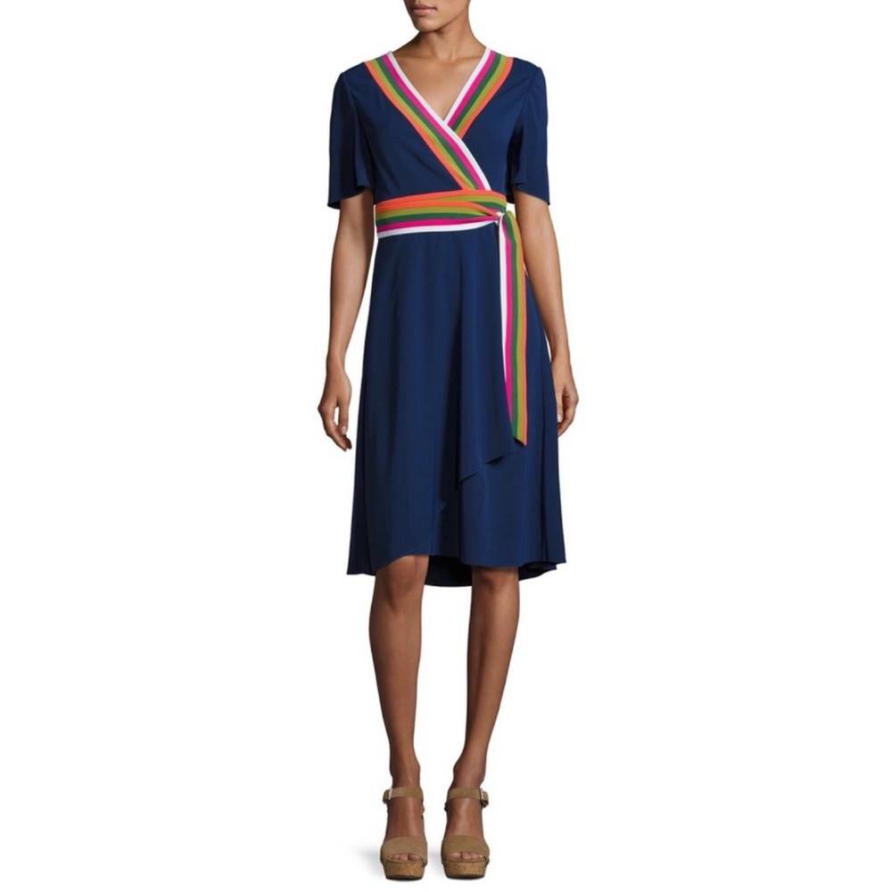 Tory Burch Peggy Wrap Dress Navy Blue Soul Stripe Womens Size 10